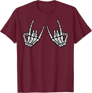 Rocker Hand Sign Rock Skeleton Retro Halloween Men Women T-Shirt - T-Shirt | Maroon