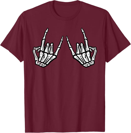 Rocker Hand Sign Rock Skeleton Retro Halloween Men Women T-Shirt - T-Shirt | Maroon