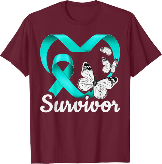 Sexual Assault Survivor, teal heart, butterflies T-Shirt - T-Shirt | Maroon