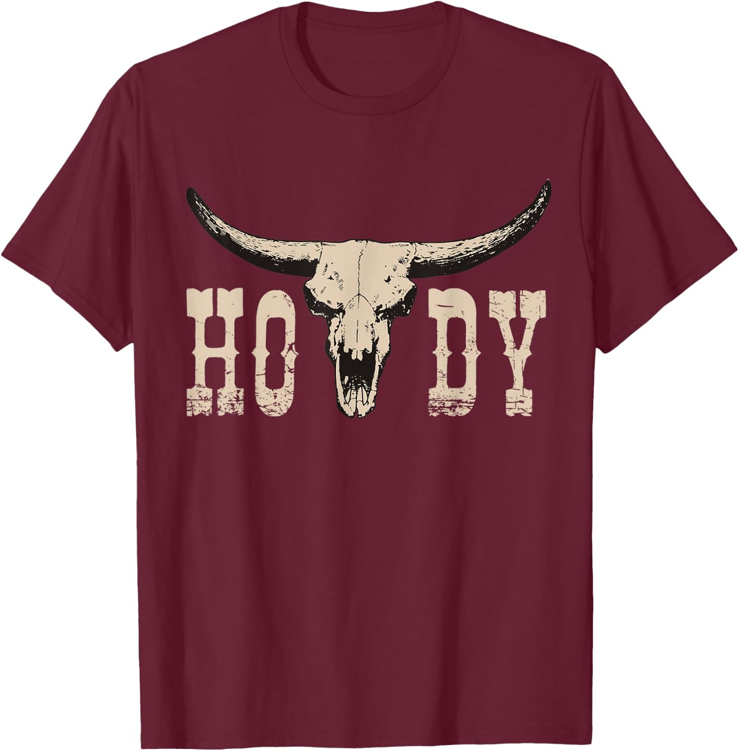 White Howdy Cow Skull Rodeo Western Country Southern Cowboy T-Shirt - T-Shirt | Maroon
