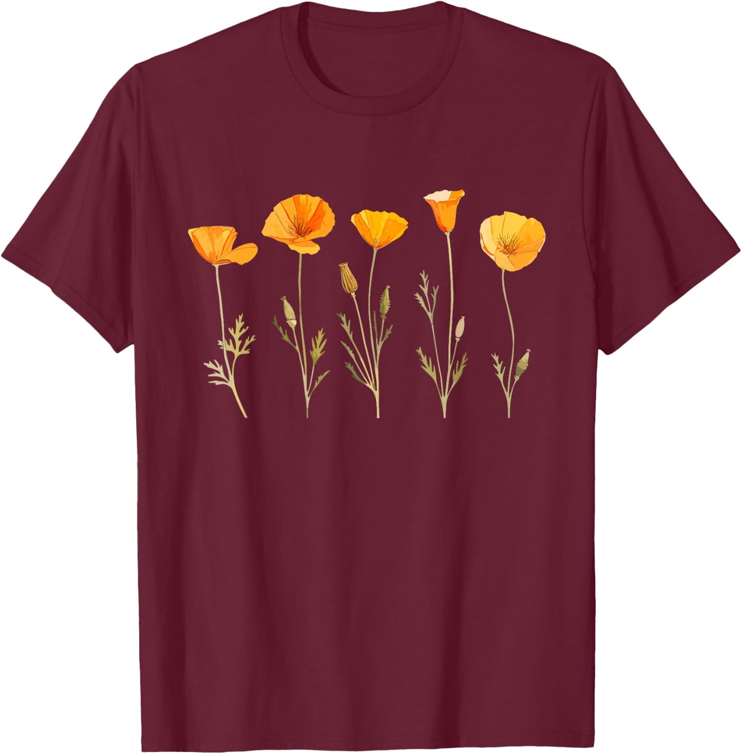 Vintage California Poppy Flower T-Shirt - T-Shirt | Maroon