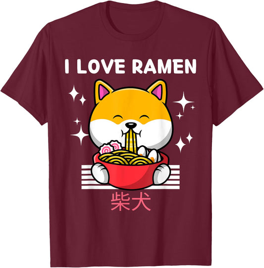I Love Ramen Cute Kawaii Shiba Inu Eats Ramen Japanese Anime T-Shirt - T-Shirt | Maroon