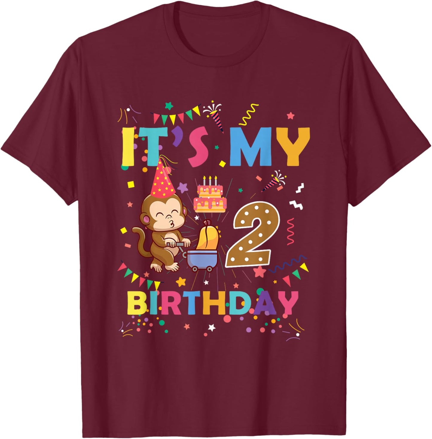 It's My 2nd Birthday Monkey 2 Year Old Boys Girls Kids T-Shirt - T-Shirt | Maroon