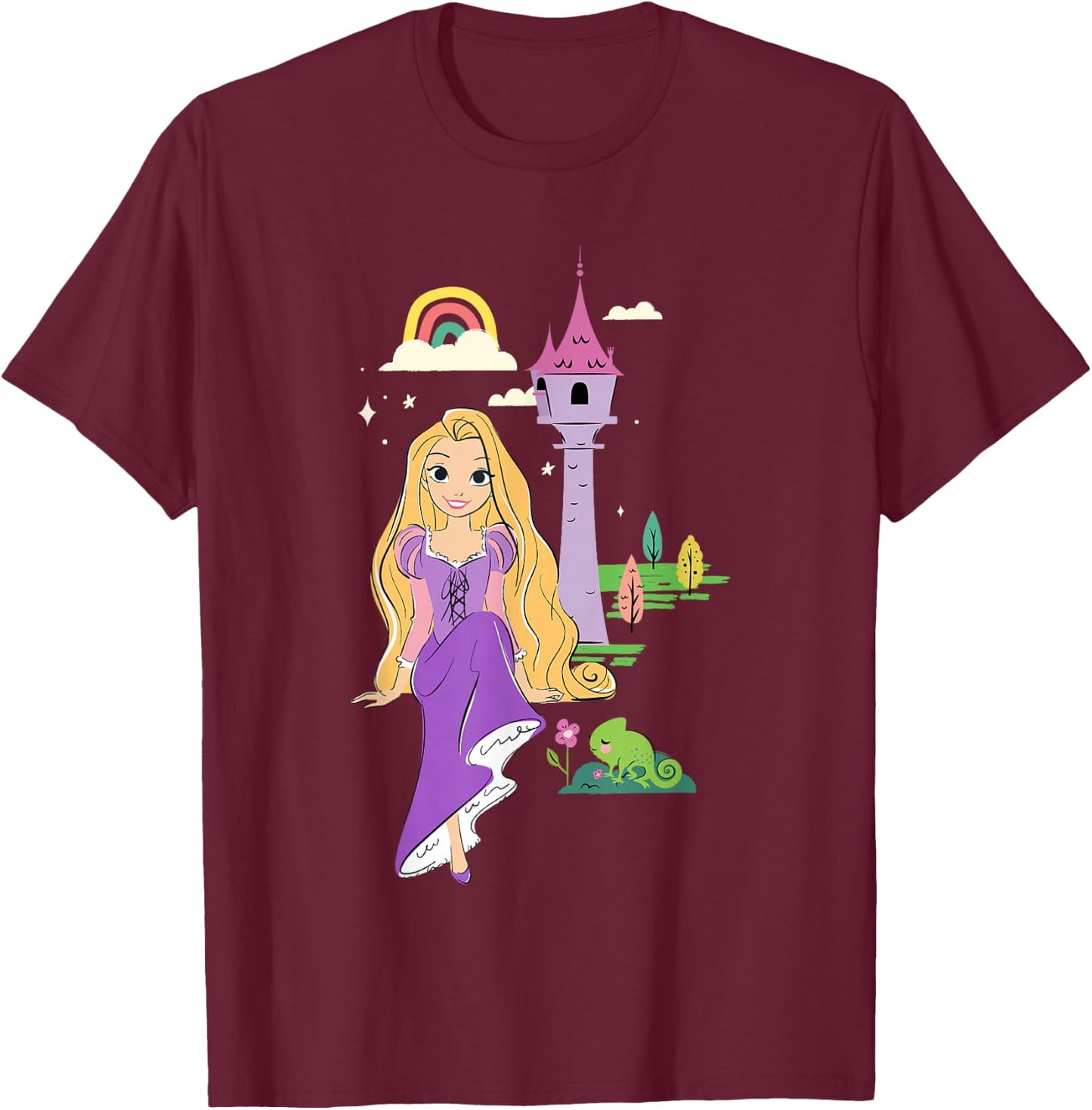 Disney Tangled Rapunzel & Pascal Rainbow Tower Sketch T-Shirt - T-Shirt | Maroon
