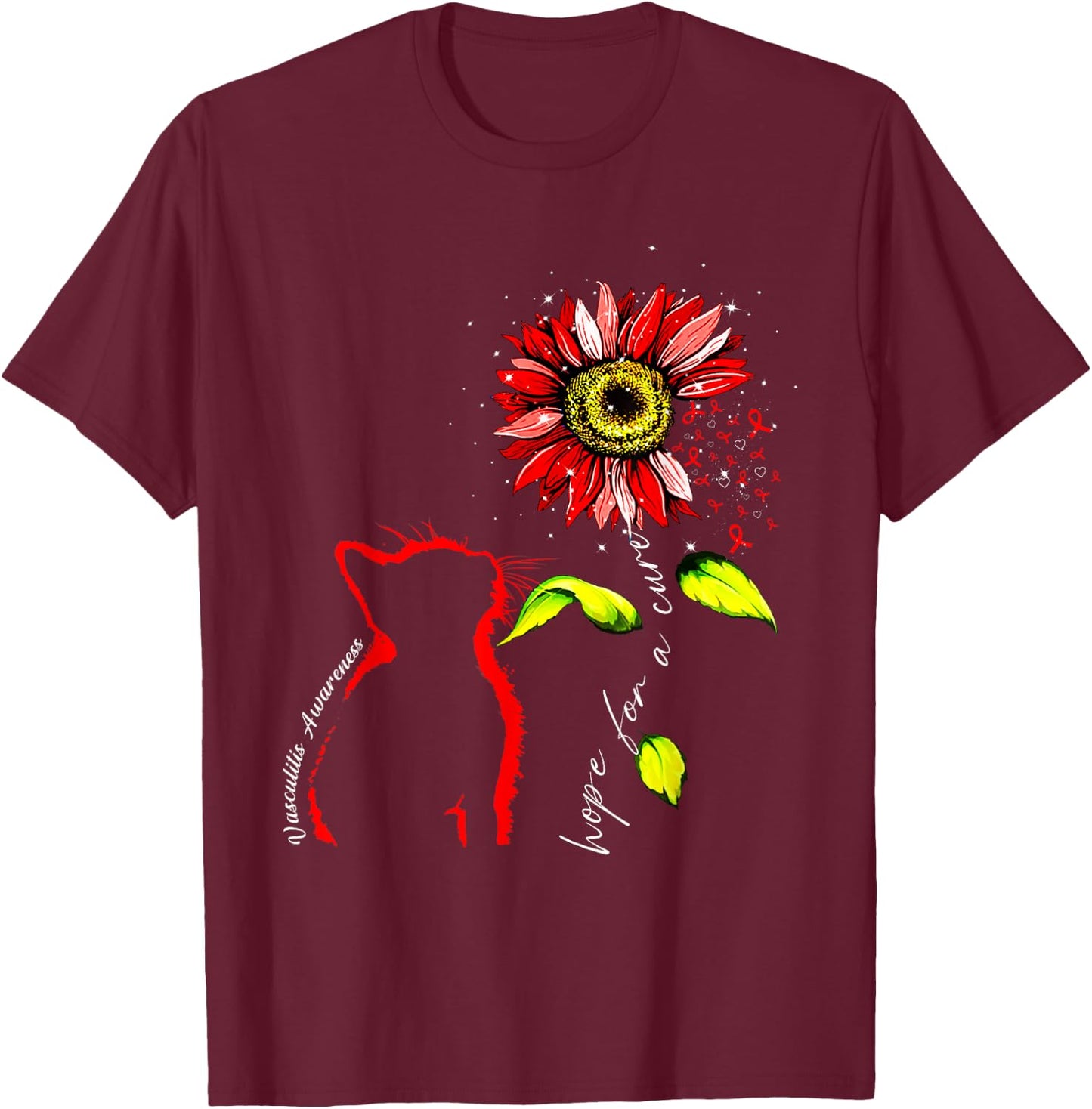 Sunflower Cat Red Vasculitis Awareness Men Women T-Shirt - T-Shirt | Maroon