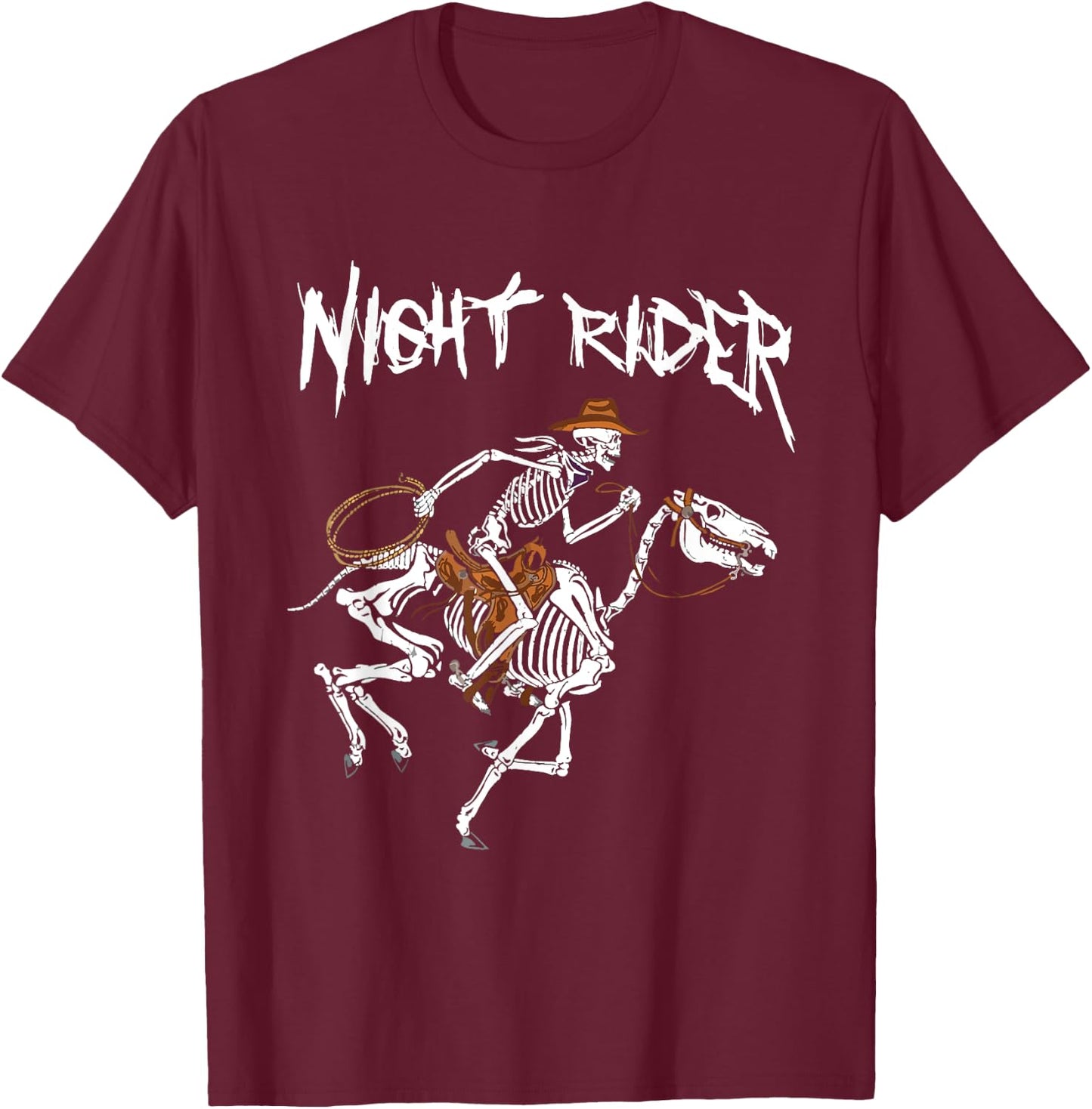 Night Rider Skeleton Cowboy Riding Horse Western Halloween T-Shirt - T-Shirt | Maroon