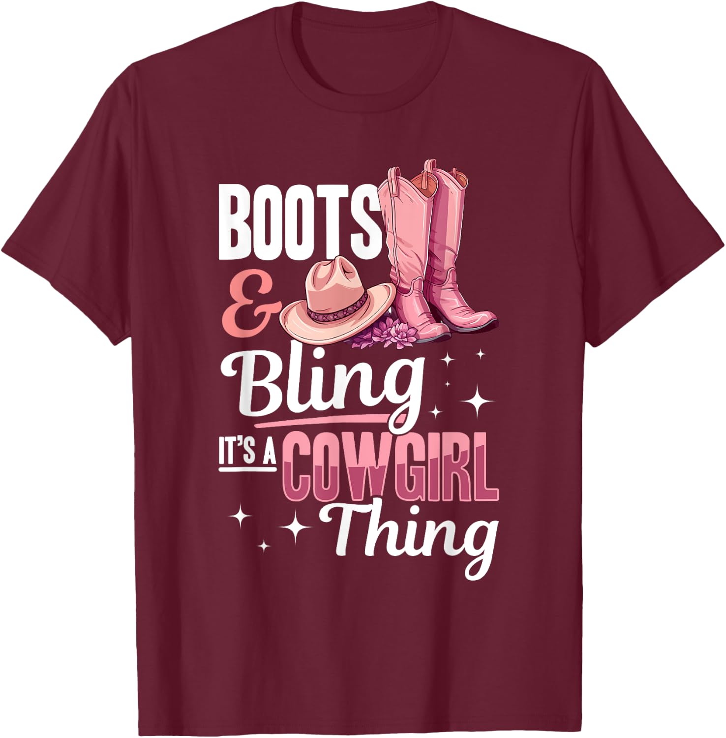 Rodeo Western Country Southern Cowgirl hat - Boots & Bling T-Shirt - T-Shirt | Maroon