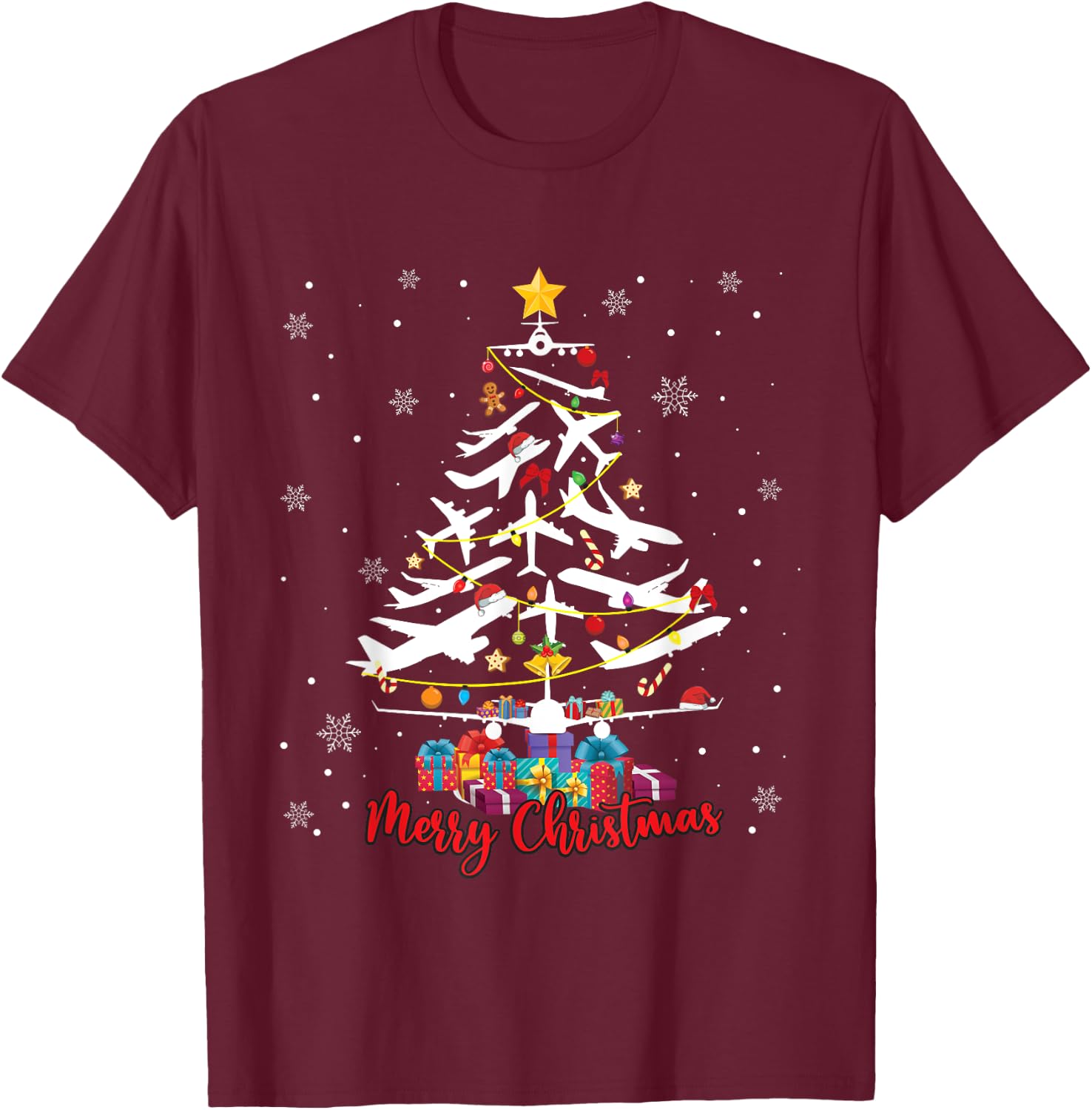 Airplane Christmas Tree Merry Xmas Most Likely Pilot T-Shirt - T-Shirt | Maroon