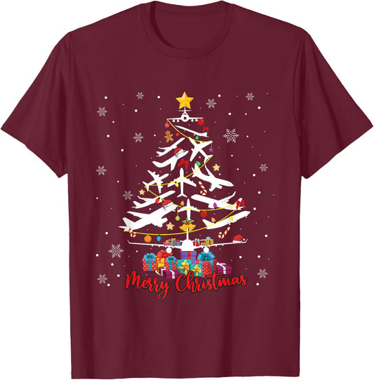 Airplane Christmas Tree Merry Xmas Most Likely Pilot T-Shirt - T-Shirt | Maroon