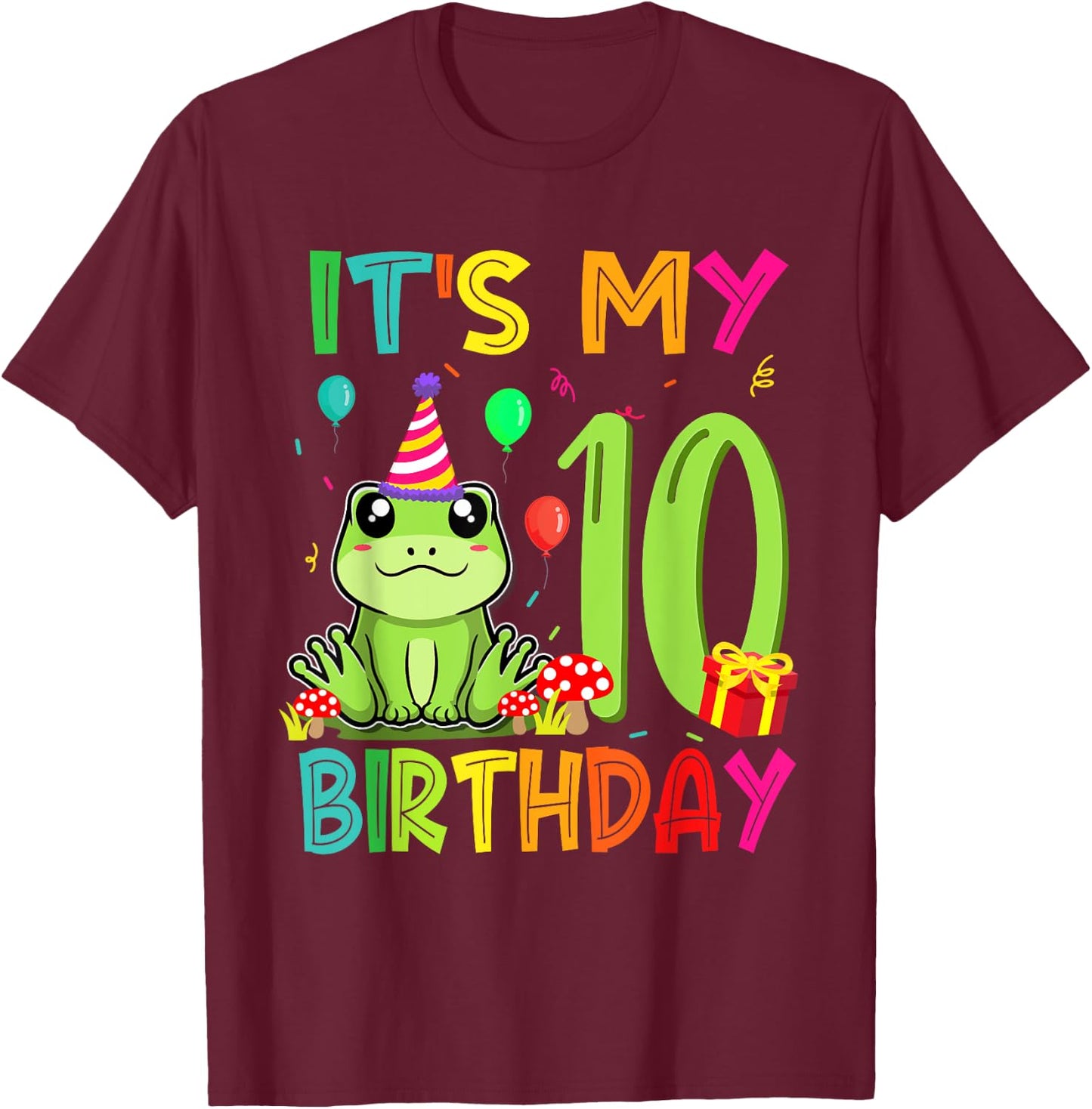 Its My 10th Birthday Frog Animal 10 Years Old Theme T-Shirt - T-Shirt | Maroon