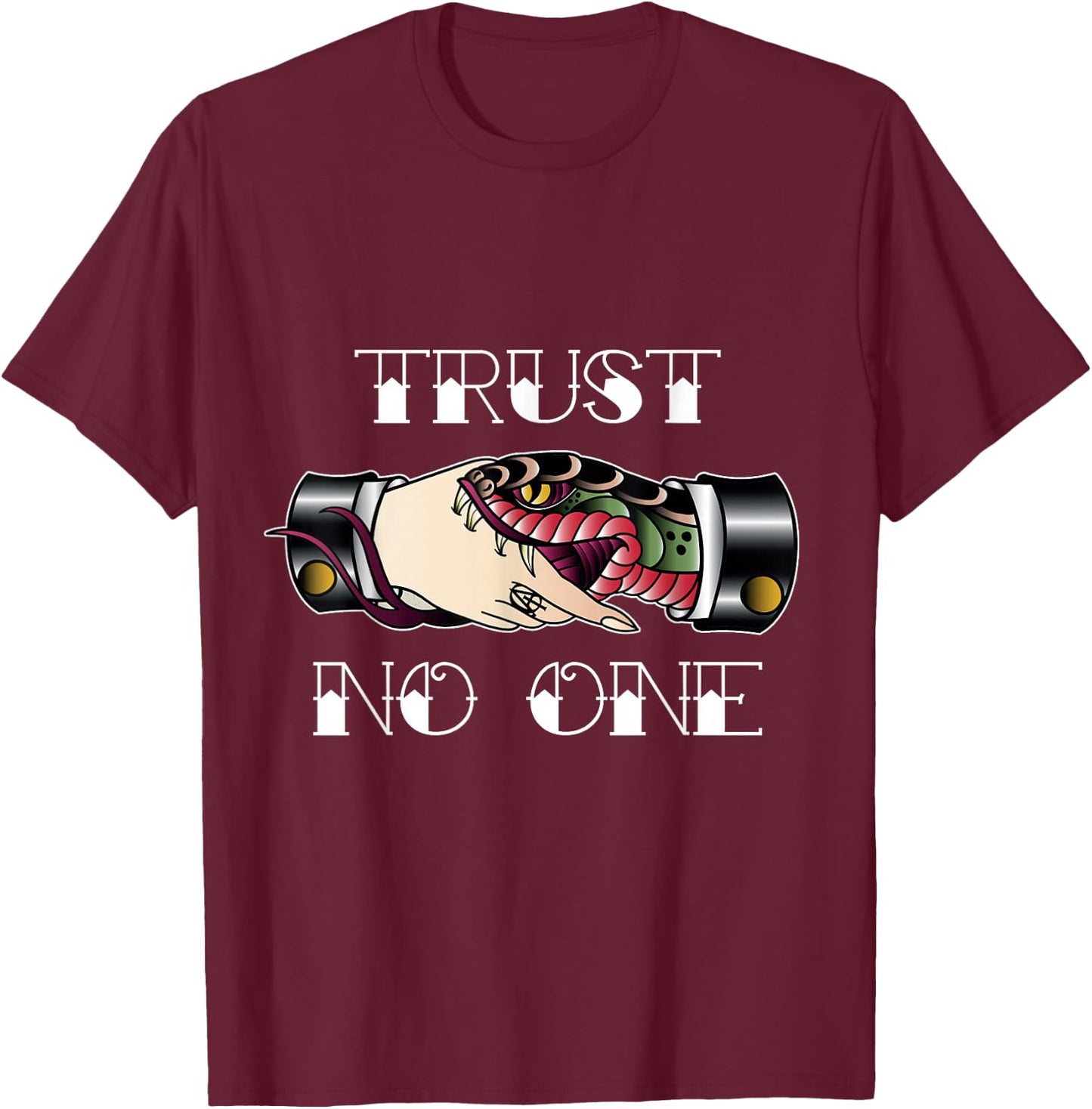 Trust No One Vintage Snake Hand Shake T-Shirt - T-Shirt | Maroon