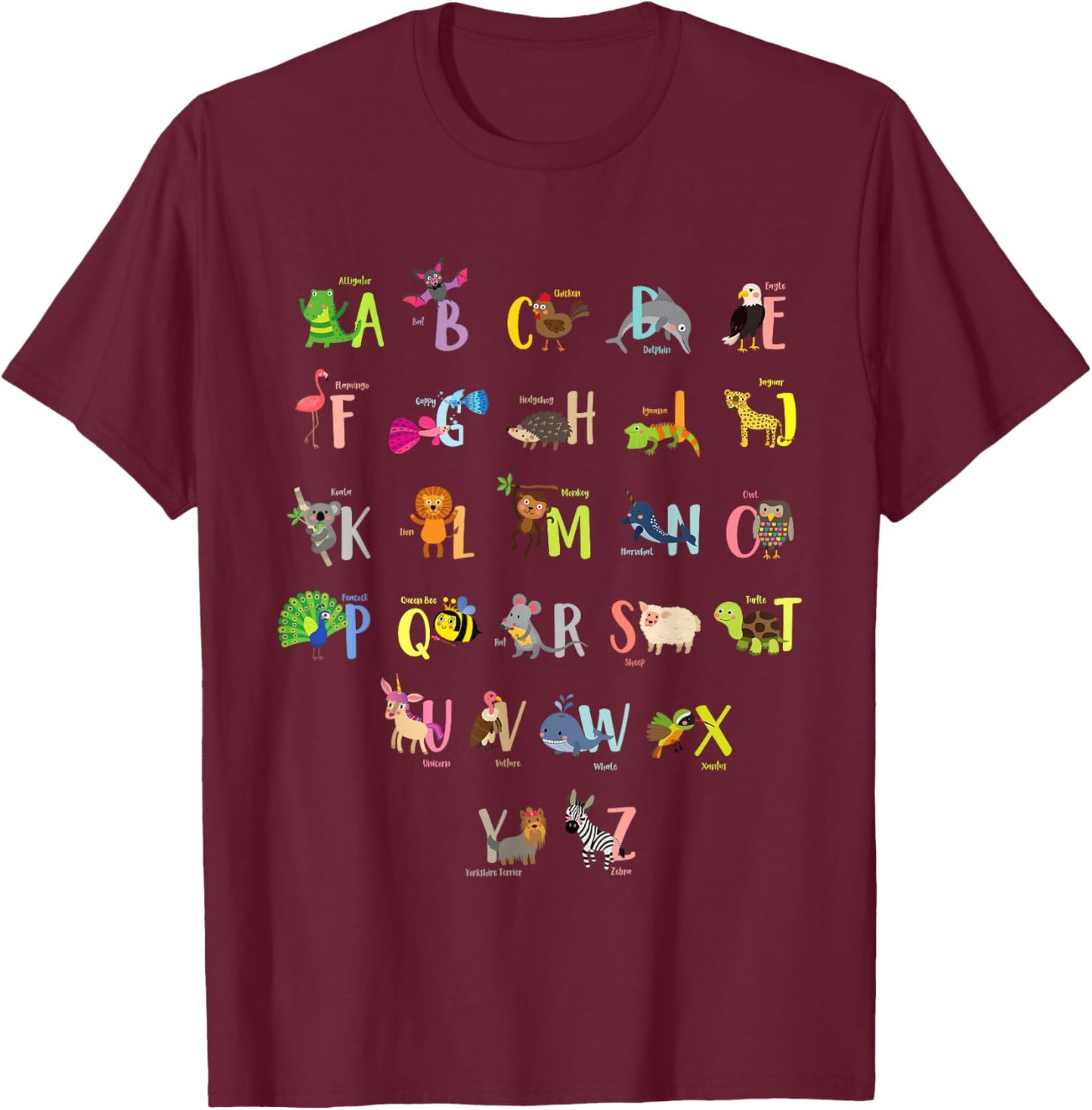 ABC Animals Identification A-Z Types Of Zoo Animals Alphabet T-Shirt - T-Shirt | Maroon