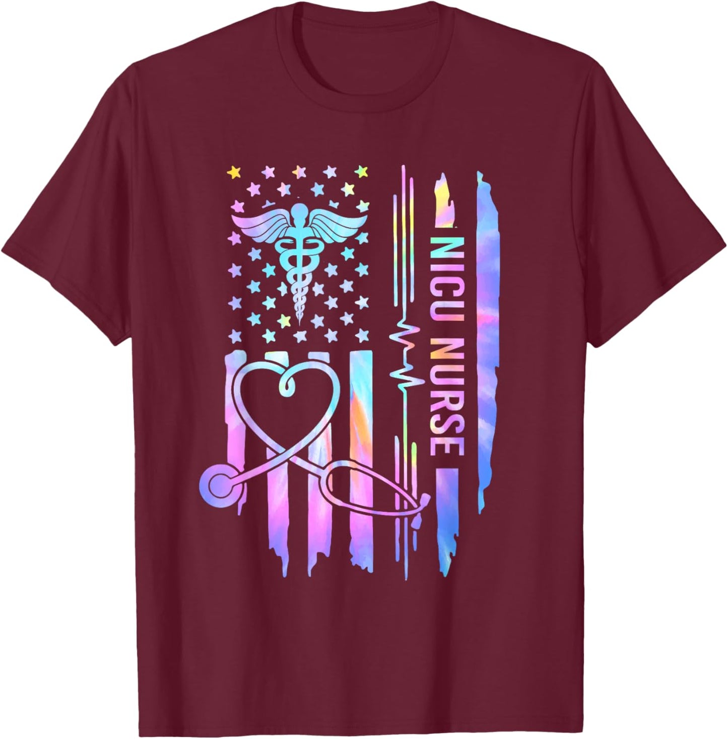 Tie Dye NICU Nurse ICU Neonatal USA Flag Team Tiny Humans T-Shirt - T-Shirt | Maroon