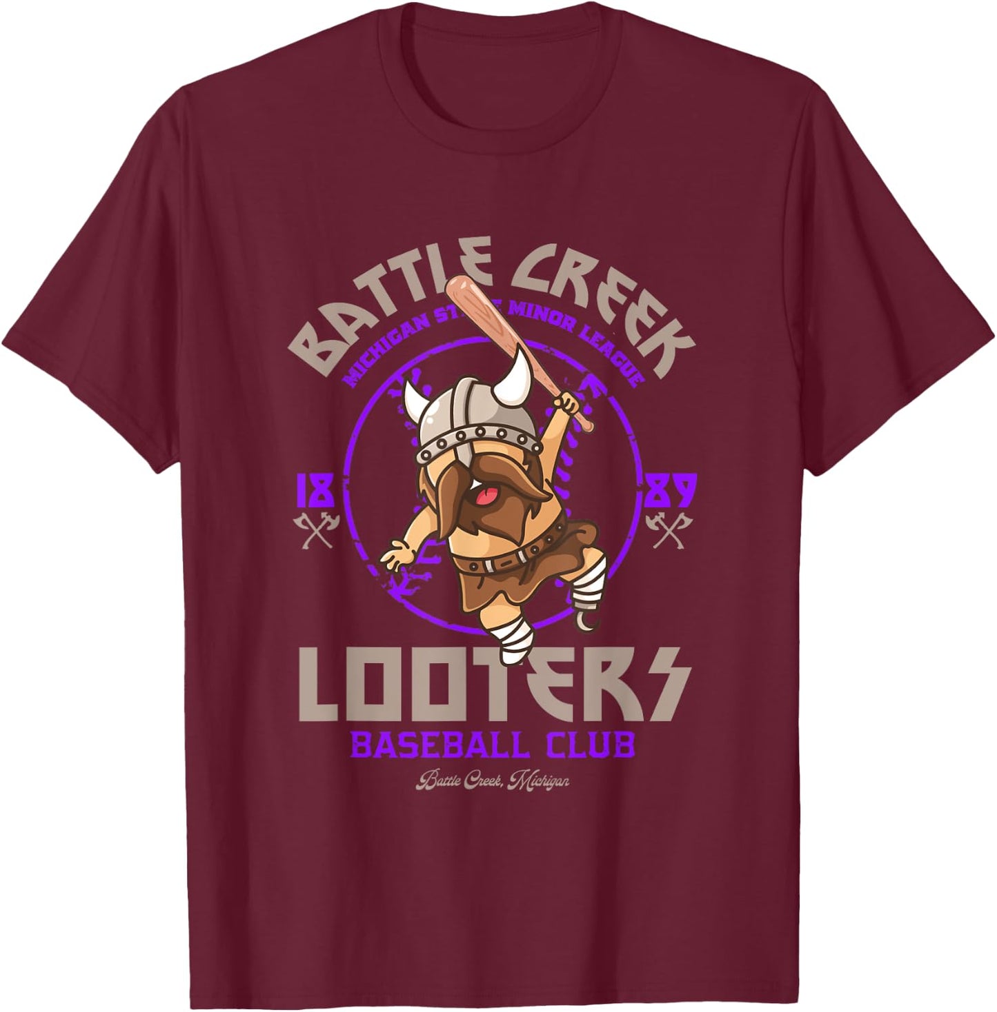 Battle Creek Looters Retro Minor League Baseball Team T-Shirt - T-Shirt | Maroon