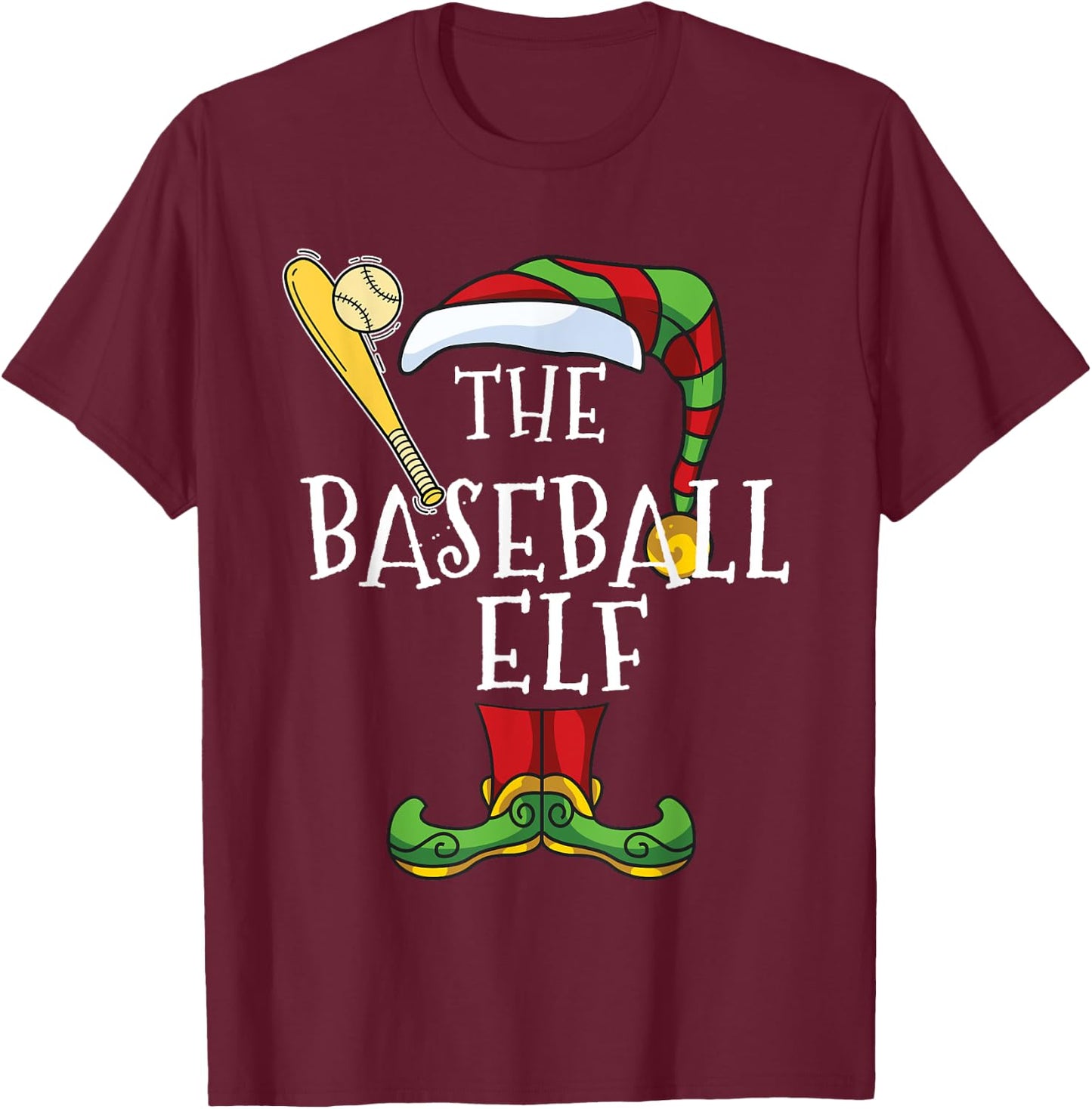 Baseball Elf Lover Christmas Family Matching Funny T-Shirt - T-Shirt | Maroon