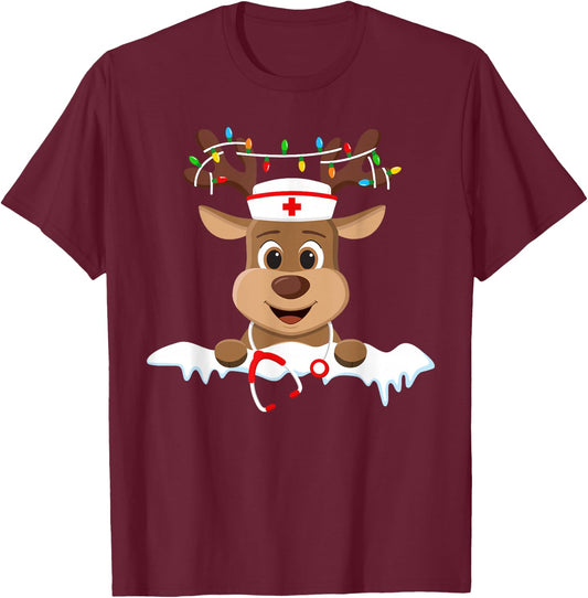 Christmas Nurse Love NICU RN ER Santa Reindeer Nurse Hat Elf T-Shirt - T-Shirt | Maroon