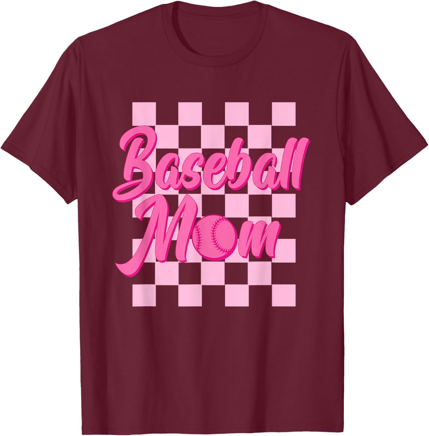 Baseball Mom Black And Pink Grid Sports Mother Mama Player T-Shirt - T-Shirt | Maroon