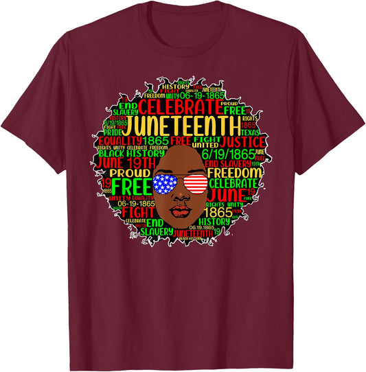 Afro Word Art Juneteenth History Natural Hair Sunglasses T-Shirt - T-Shirt | Maroon