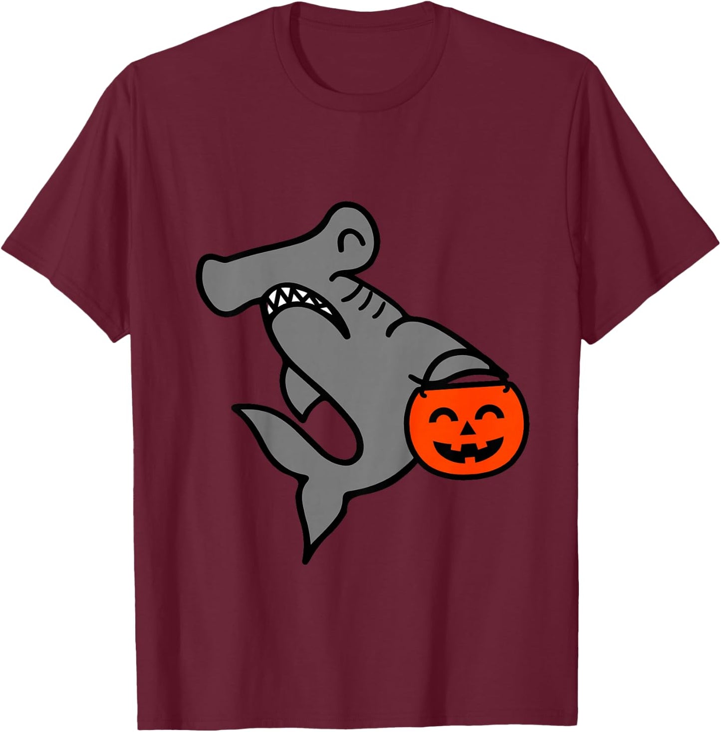 Kids Hammerhead Shark with Pumpkin Bucket Toddler Boys Halloween T-Shirt - T-Shirt | Maroon