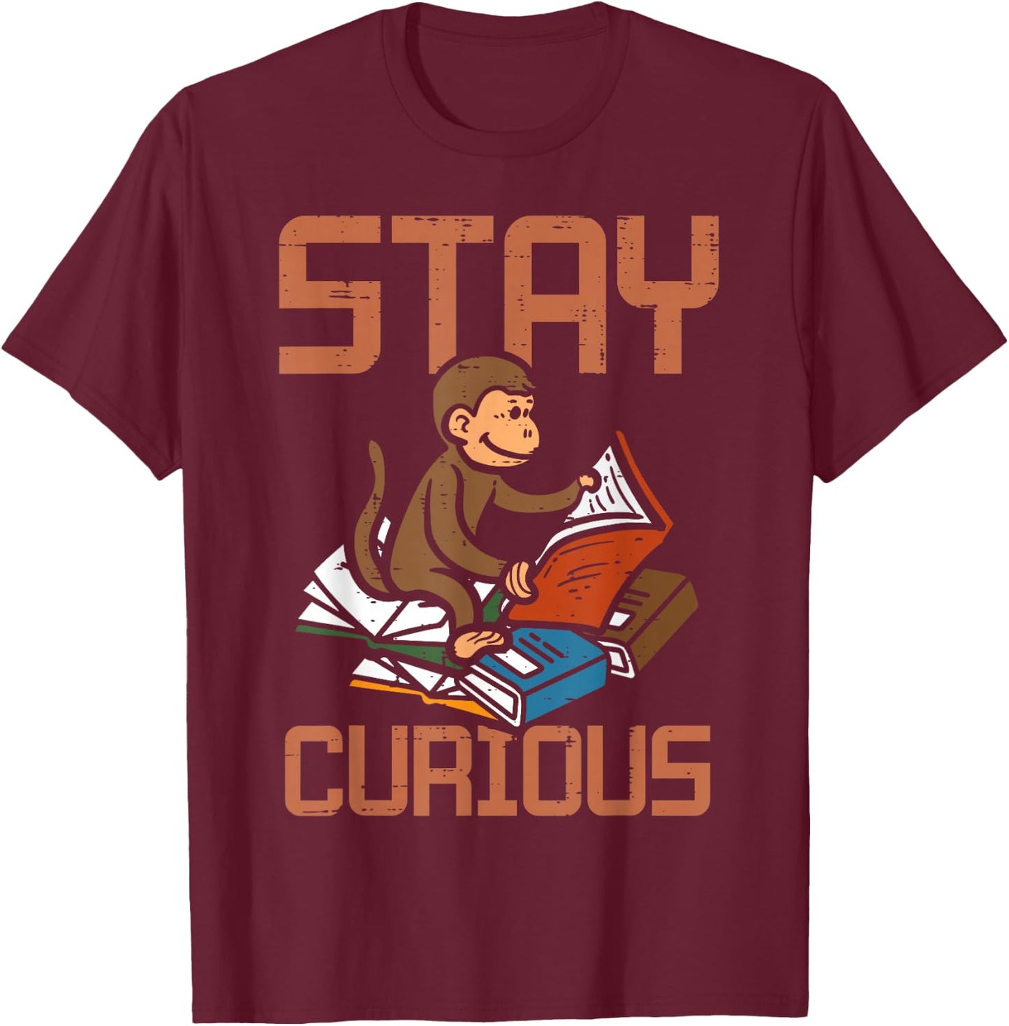 Stay Curious Monkey Reading Funny Book Lover Bookworm Kids T-Shirt - T-Shirt | Maroon