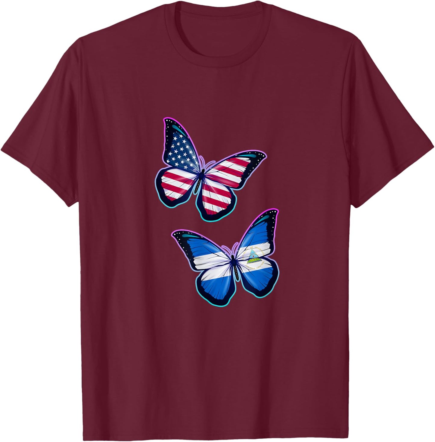 Nicaragua and the USA bicultural roots. Butterfly version T-Shirt - T-Shirt | Maroon