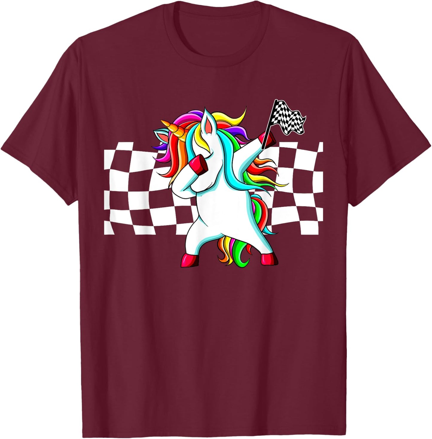 Racecar Racing Checker Flag Dabbing Unicorn Graphic T-Shirt - T-Shirt | Maroon