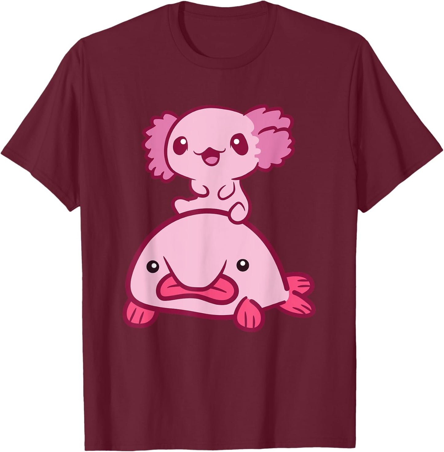 Kawaii Axolotl Riding A Blobfish Cute Axolotl T-Shirt - T-Shirt | Maroon