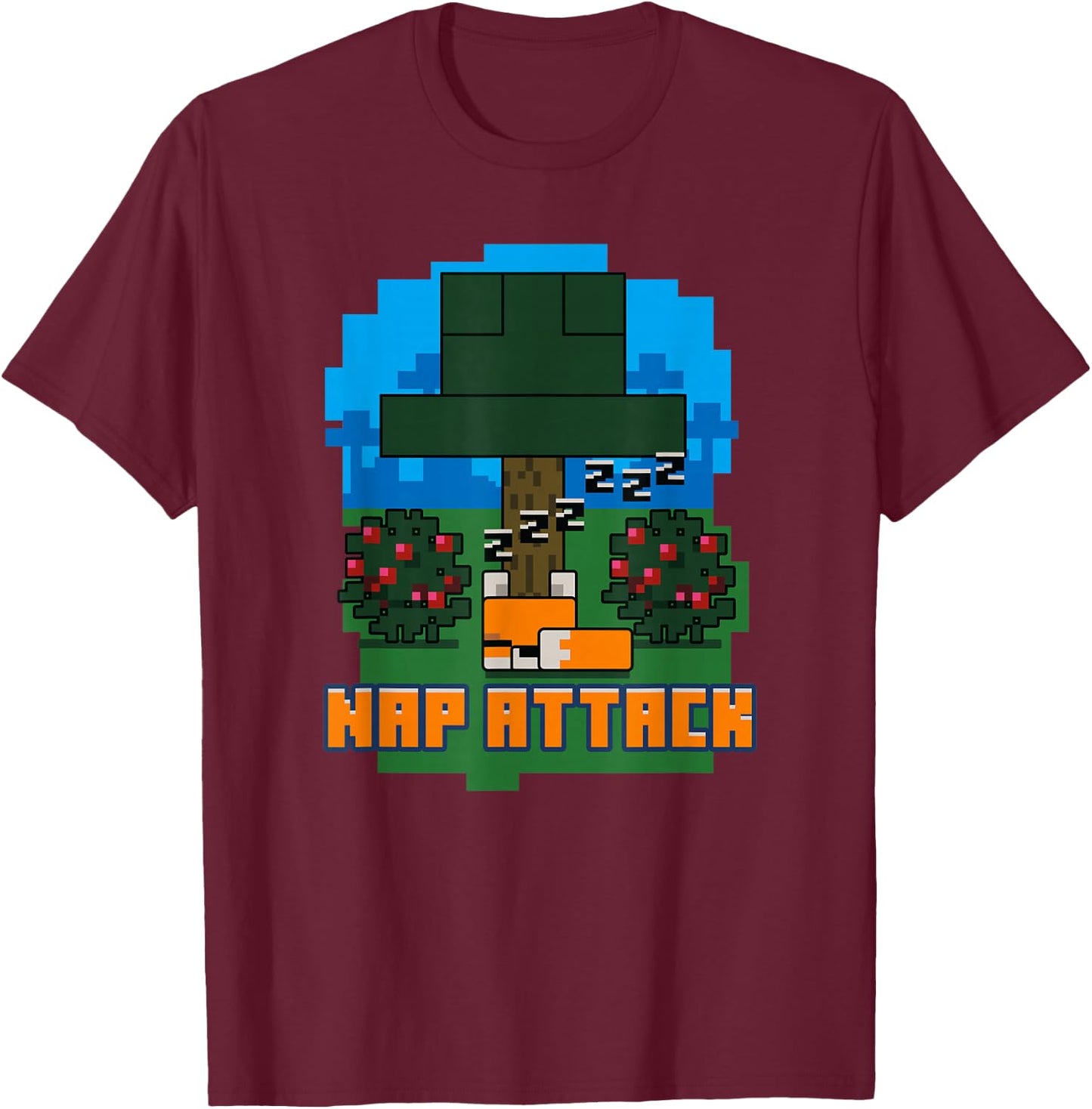 Minecraft Fox Sleeping Nap Attack Poster T-Shirt - T-Shirt | Maroon