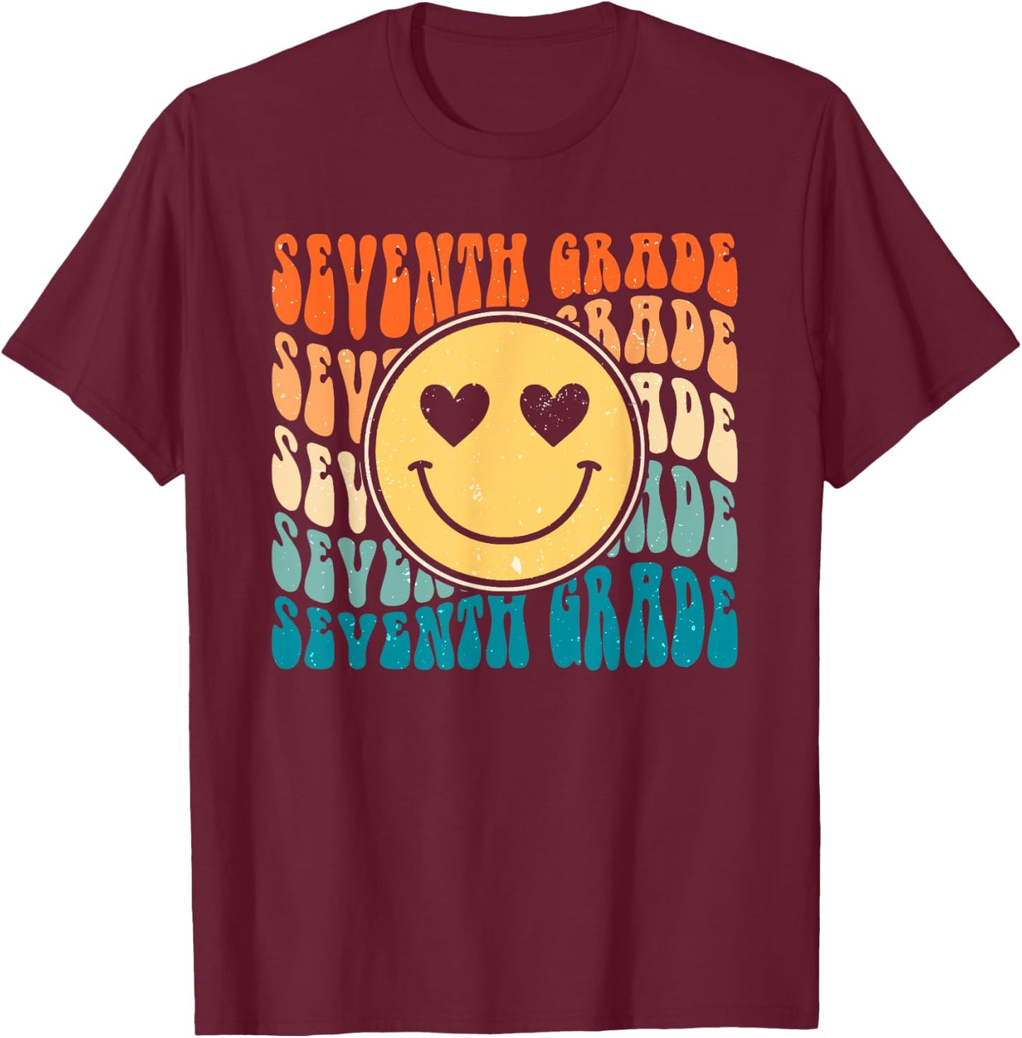 Boho Vintage Retro Groovy Smile 7th Seventh Grade Teacher T-Shirt - T-Shirt | Maroon