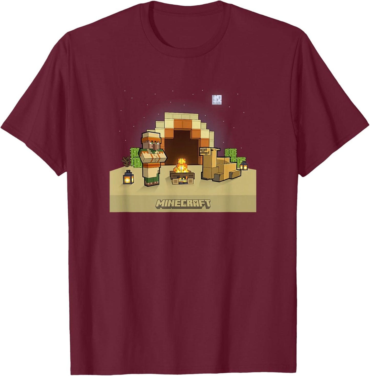 Minecraft Vanilla Villager & Camel Desert Fireplace At Night T-Shirt - T-Shirt | Maroon