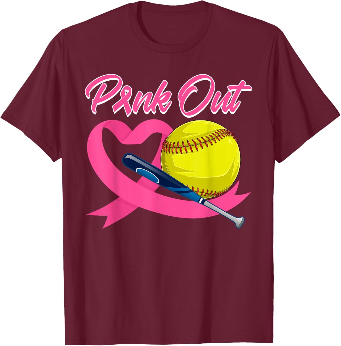 Pink Out Pink Ribbon Heart With Softball Ball Breast Cancer T-Shirt - T-Shirt | Maroon