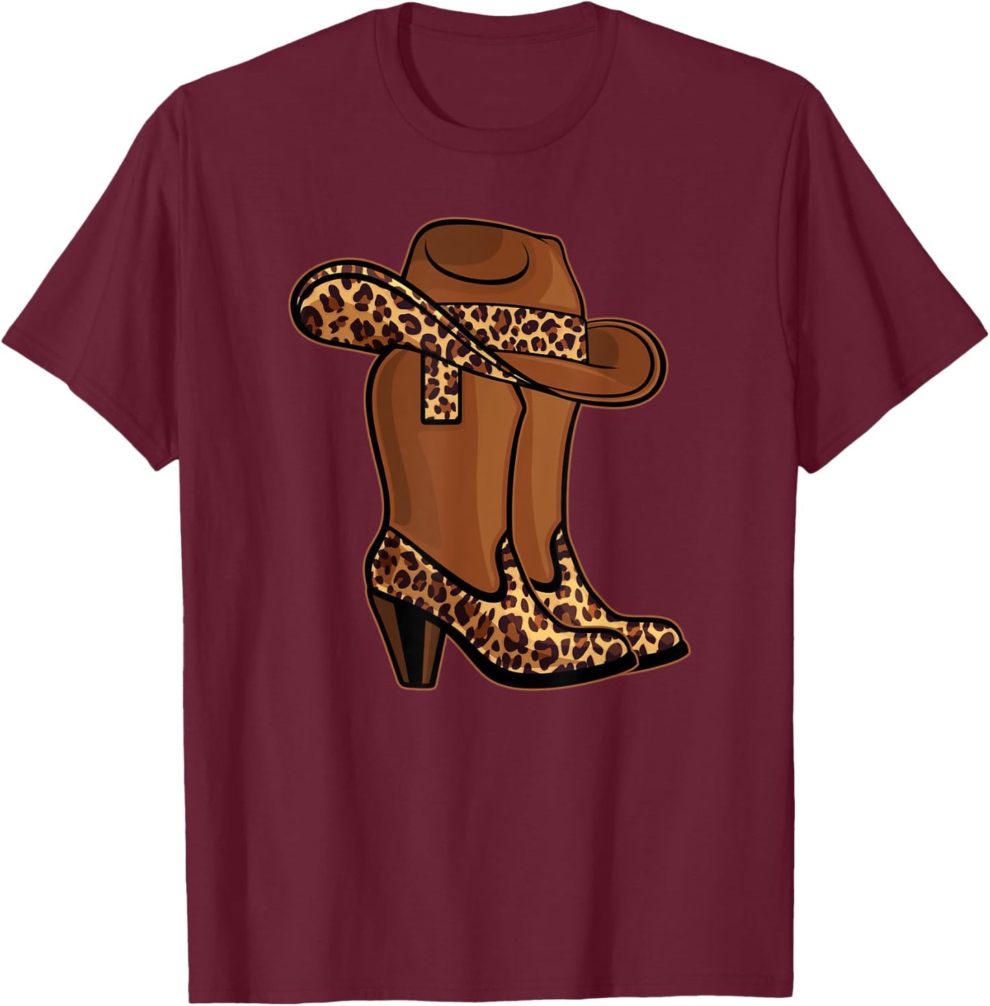 Cowgirl Boots and Hat leopard print T-Shirt - T-Shirt | Maroon