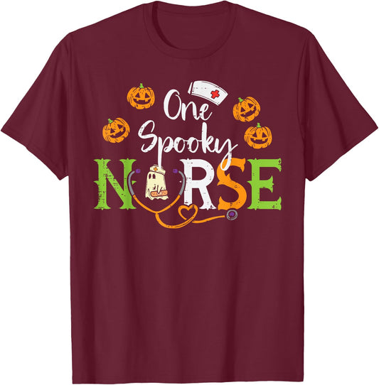 One Spooky Nurse Ghost Stethoscope Halloween Costume Nursing T-Shirt - T-Shirt | Maroon