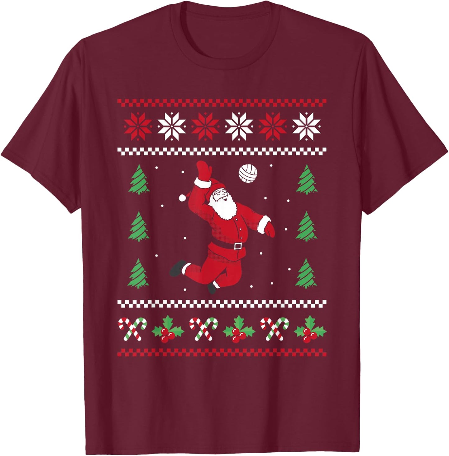 Volleyball Xmas Ugly Christmas Santa Christmas Volleyball T-Shirt - T-Shirt | Maroon
