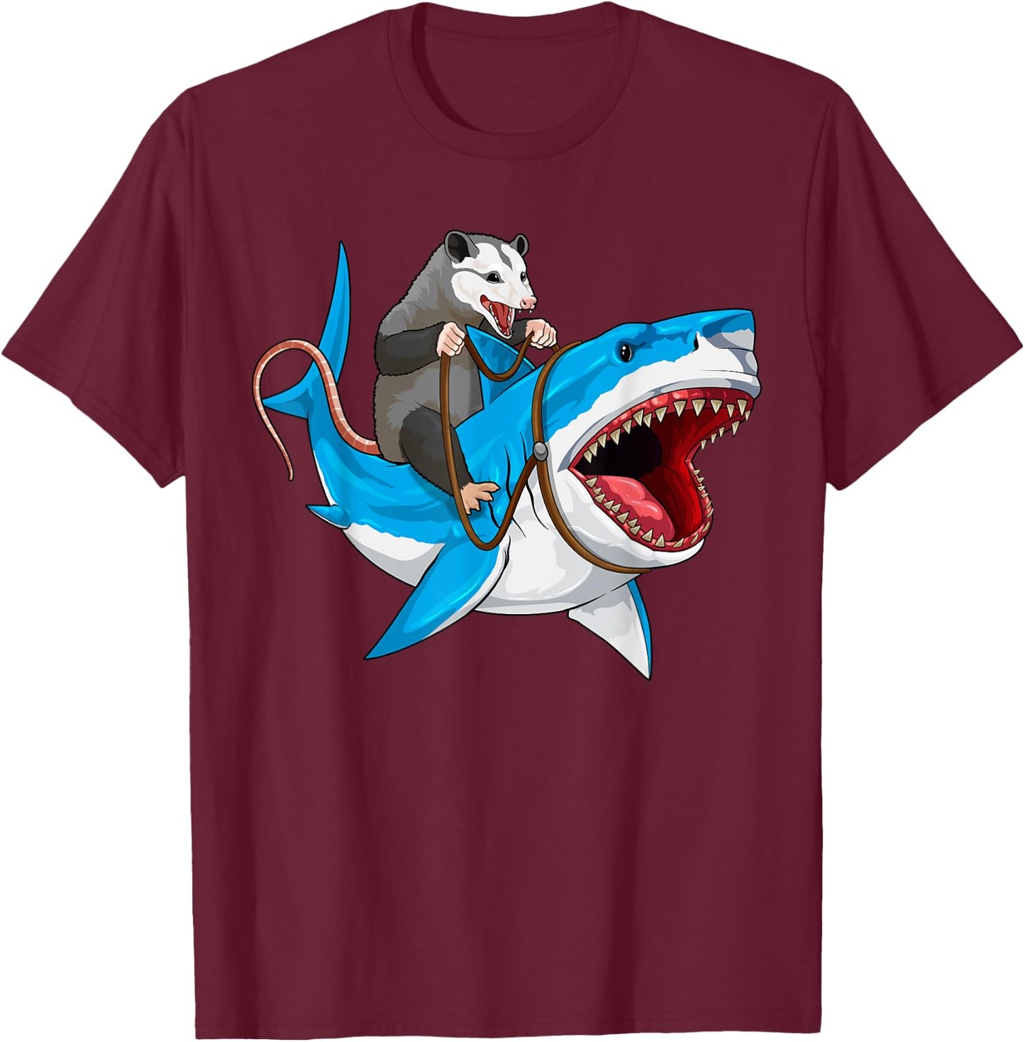 Funny Opossum Riding Shark Possum Trash Marsupial Mashup T-Shirt - T-Shirt | Maroon