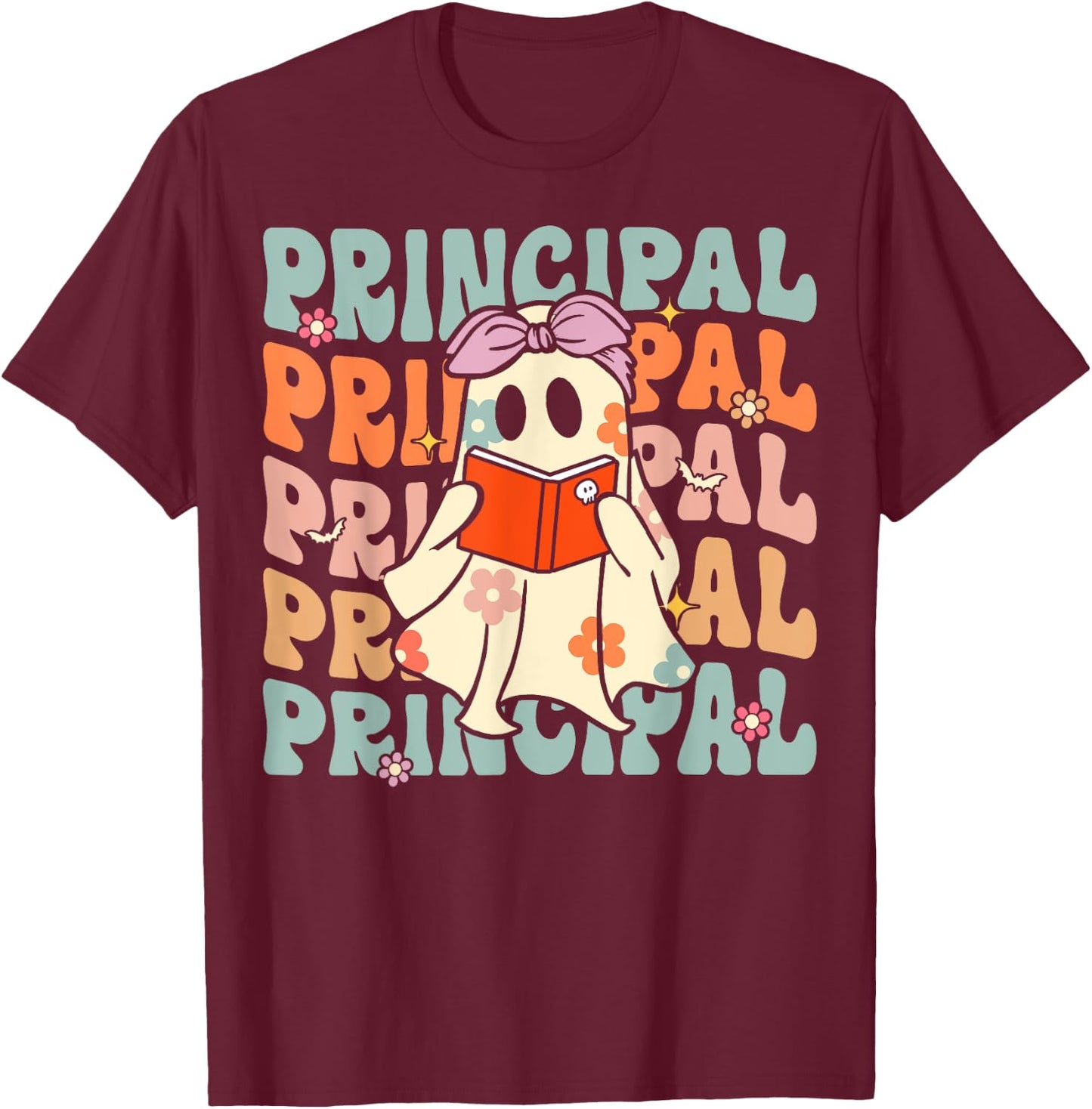 Groovy Halloween School Principal Retro Floral Ghost T-Shirt - T-Shirt | Maroon