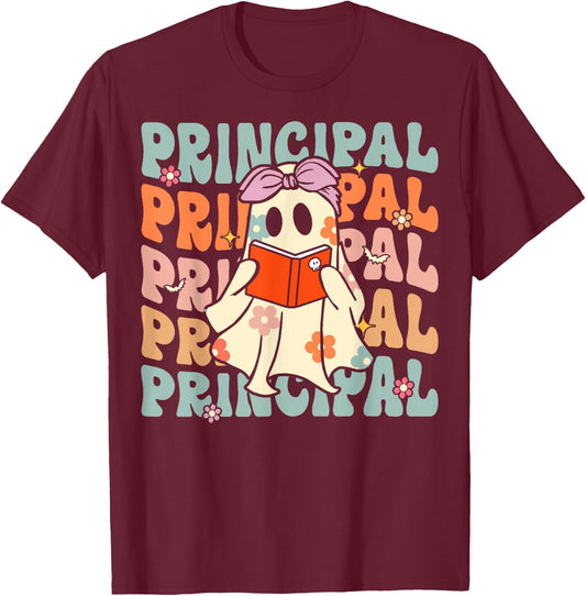 Groovy Halloween School Principal Retro Floral Ghost T-Shirt - T-Shirt | Maroon