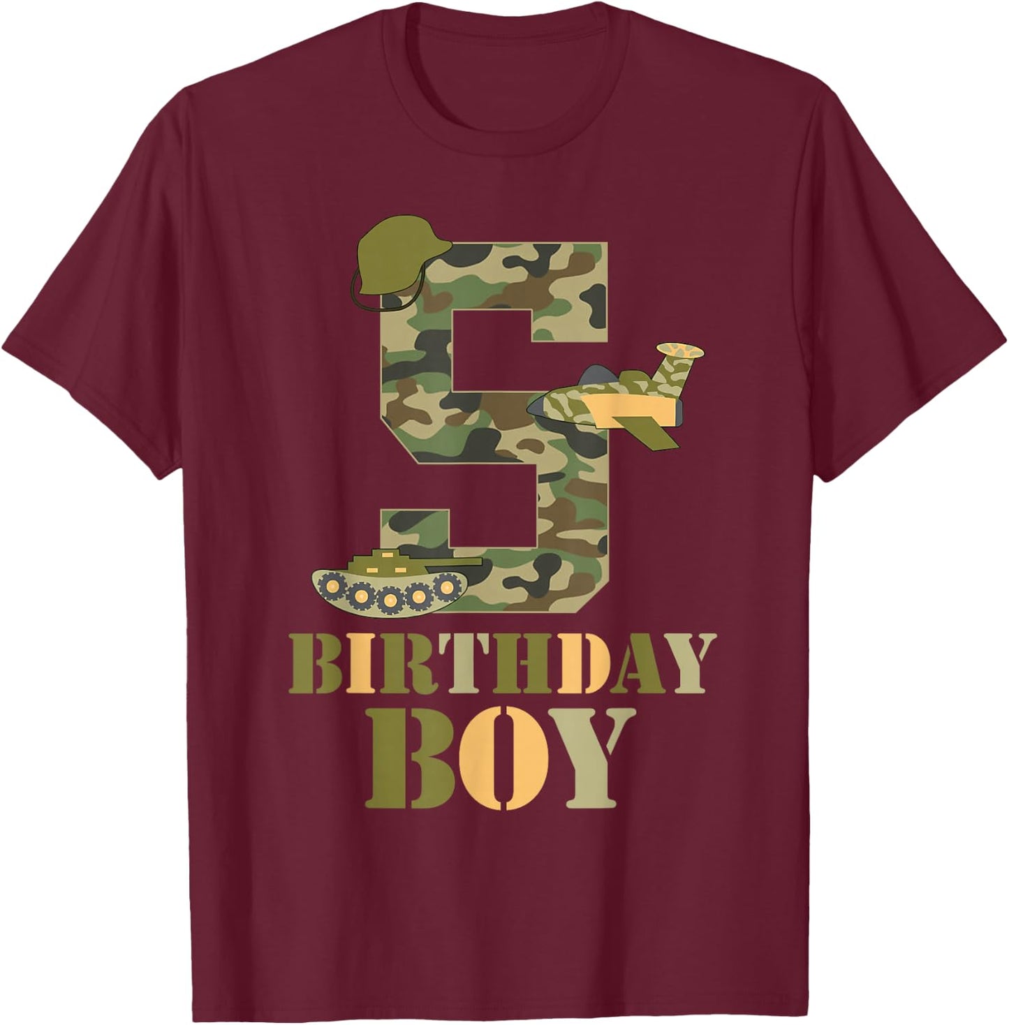 5th Birthday Military Themed Camo Boys 5 Years Old Soldier T-Shirt - T-Shirt | Maroon
