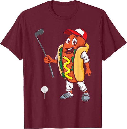 Funny Hot Dog Playing Golf Women Girls Kids T-Shirt - T-Shirt | Maroon