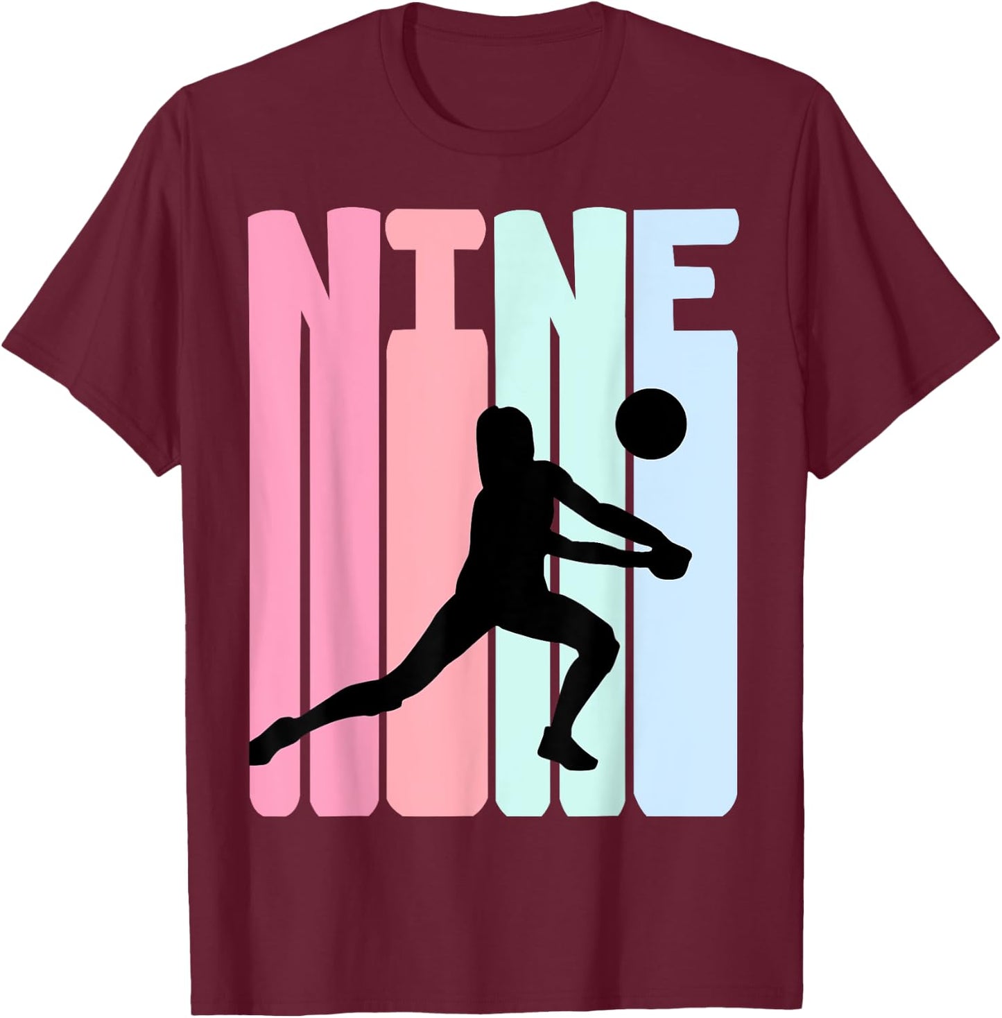 9th Birthday Retro Volleyball Girl Player 9 Years Old Kids T-Shirt - T-Shirt | Maroon
