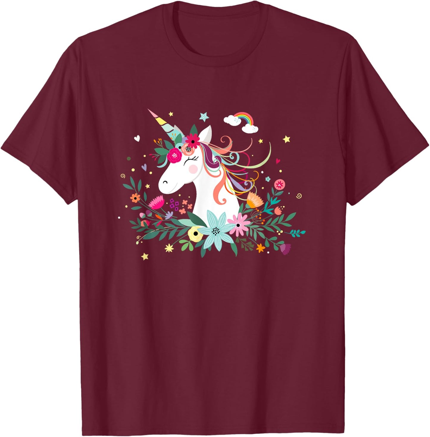 Funny Unicorn Dreams, Cute Kawaii Blinking Unicorn Flowers T-Shirt - T-Shirt | Maroon