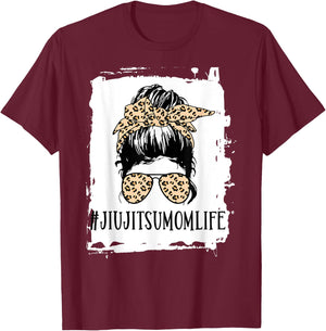BJJ Jiu Jitsu Mom Life Messy Bun Leopard T-Shirt - T-Shirt | Maroon