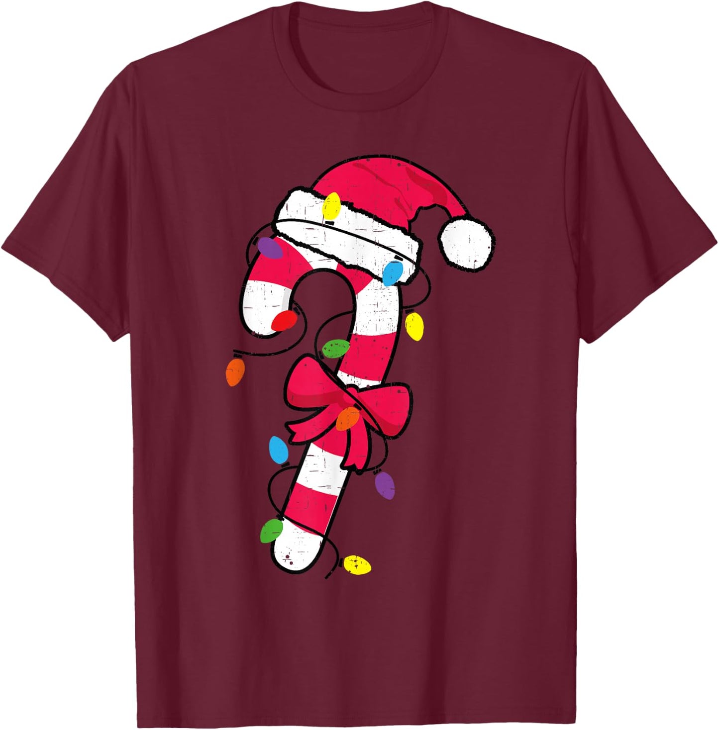 Cute Christmas Candy Cane Santa Hat and Christmas Lights T-Shirt - T-Shirt | Maroon
