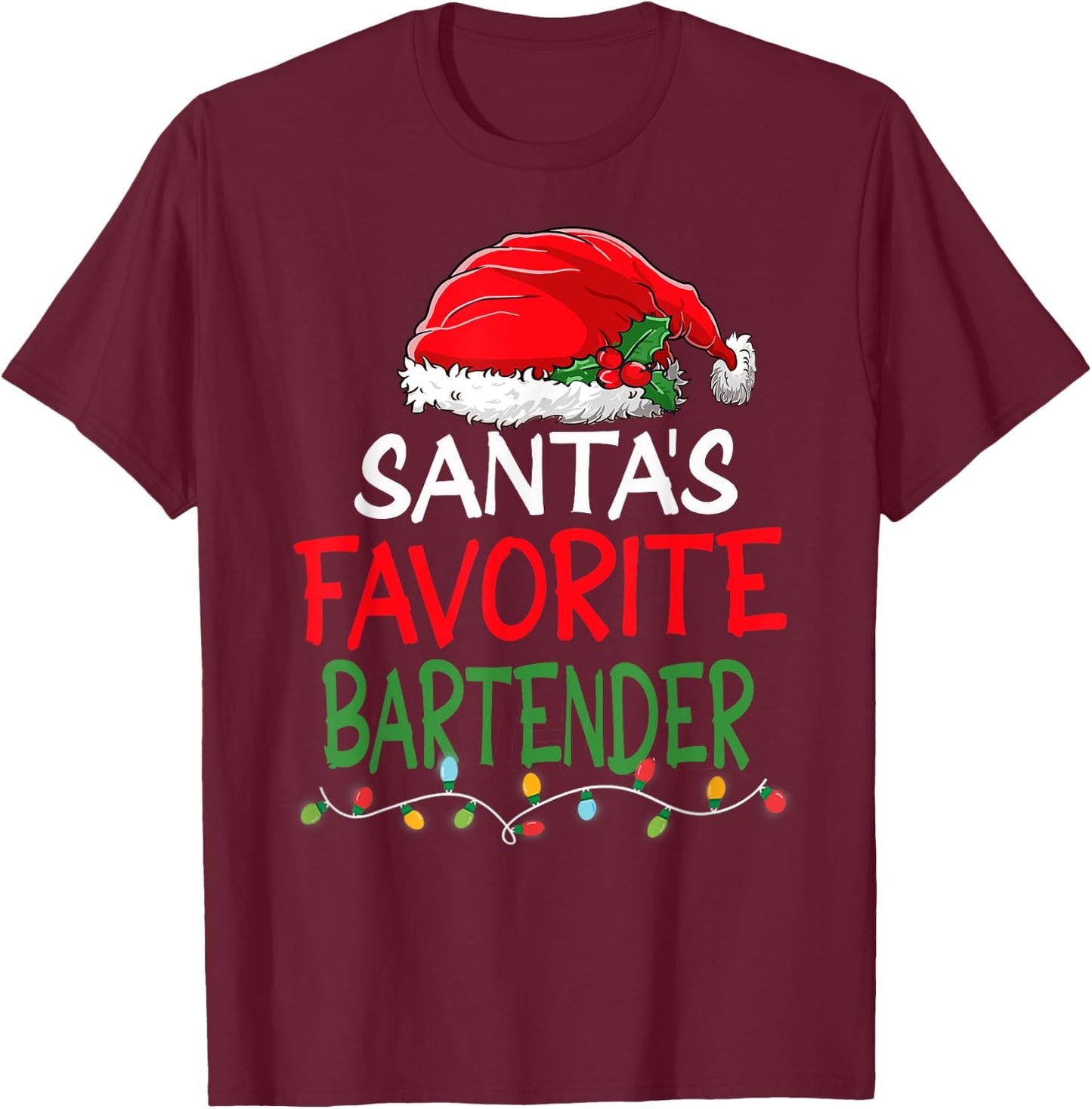 Santa's Favorite Bartender Christmas Santa Claus tree lights T-Shirt - T-Shirt | Maroon