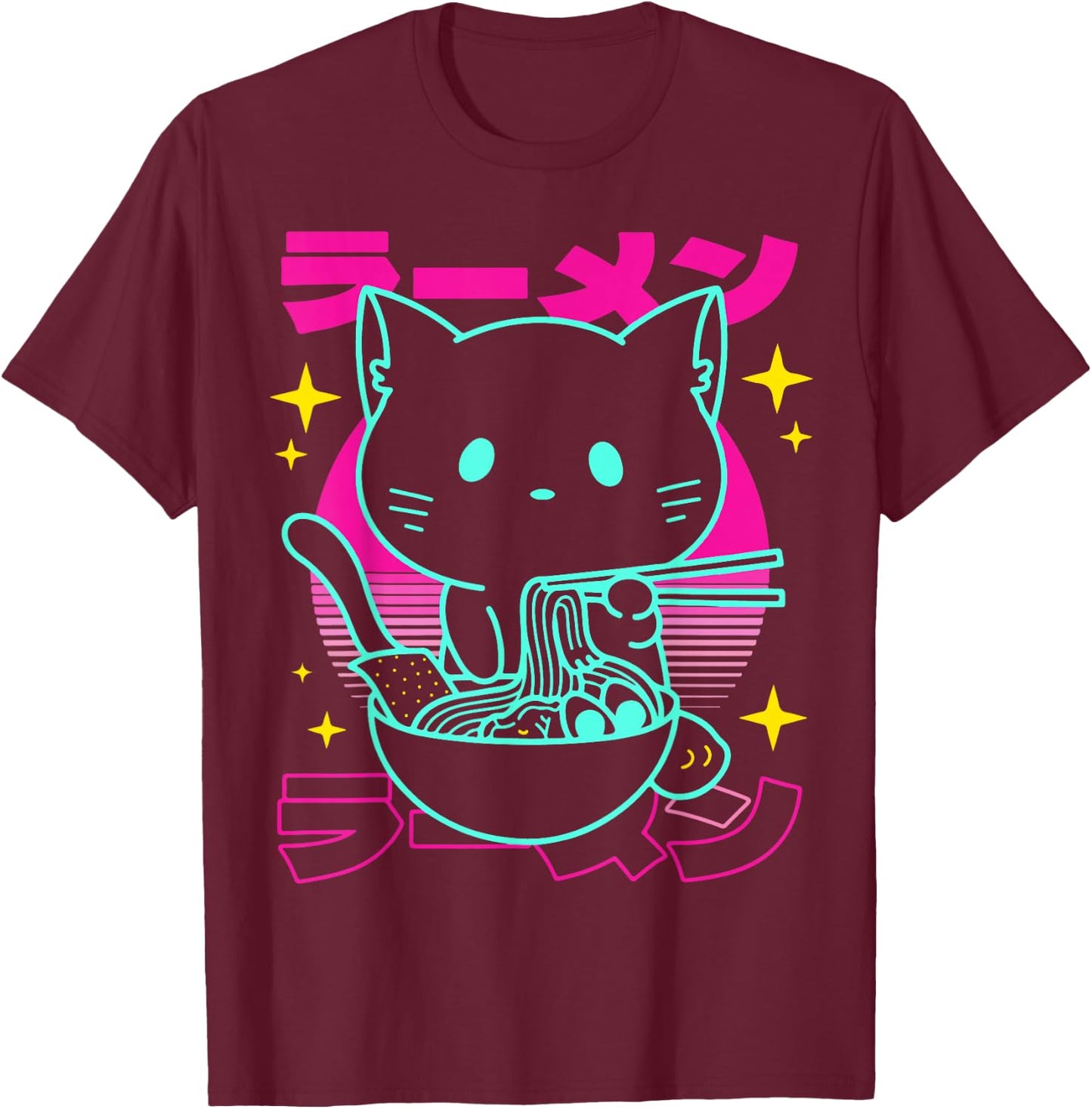 Anime Ramen Cat Retro Japanese Noodles Aesthetic Kawaii cat T-Shirt - T-Shirt | Maroon