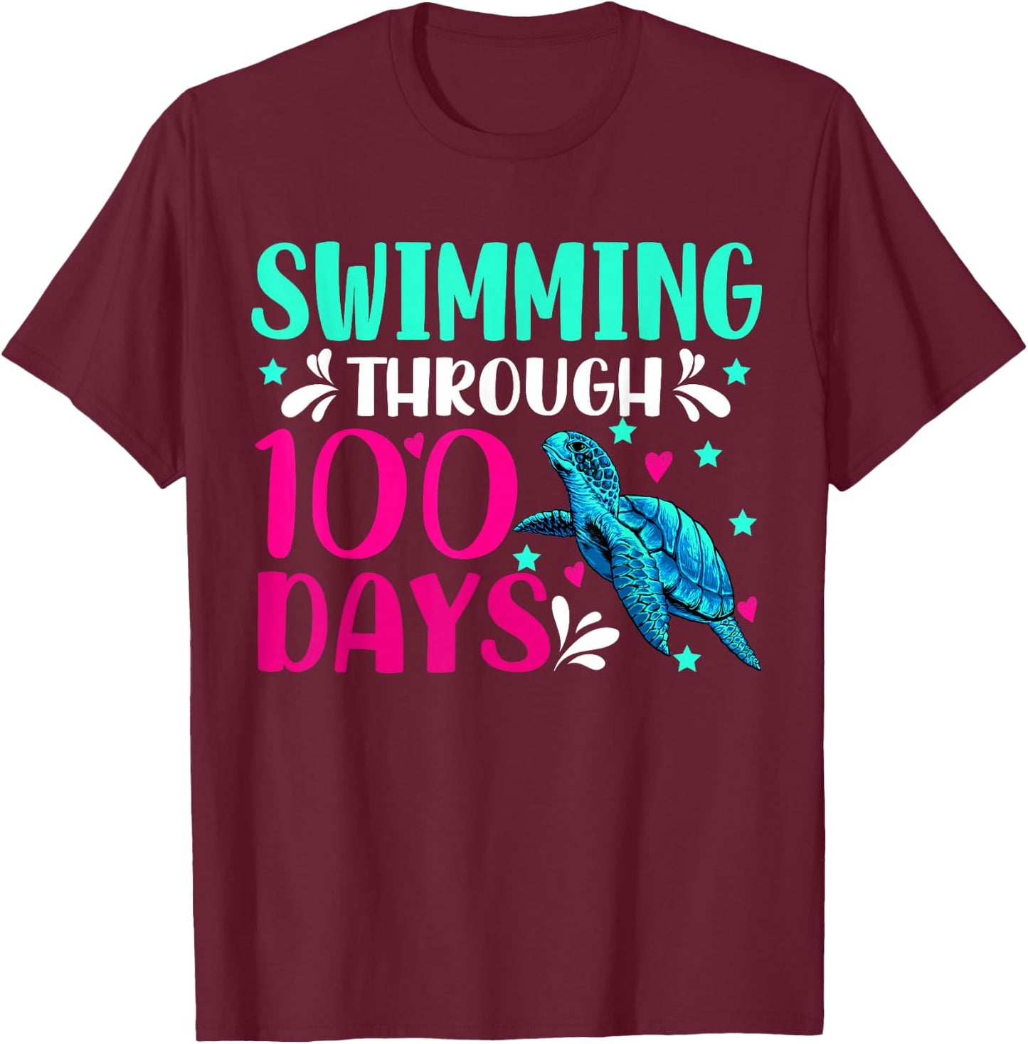 Swimming Through 100 Days Of School Turtle Lovers Teachers T-Shirt - T-Shirt | Maroon