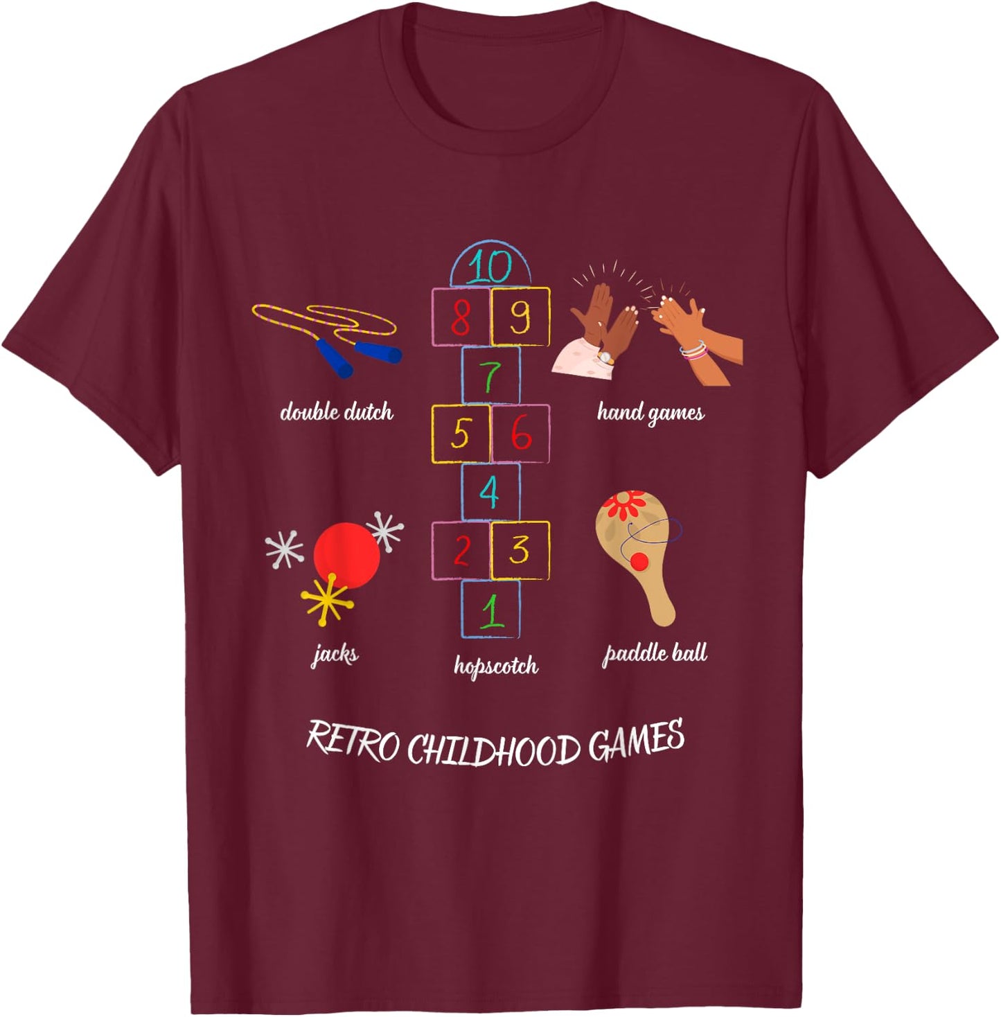 Vintage Childhood Outdoor Games Double Dutch Hopscotch Jacks T-Shirt - T-Shirt | Maroon