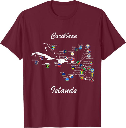 Caribbean islands Flags and map, Caribbean sea vacations T-Shirt - T-Shirt | Maroon