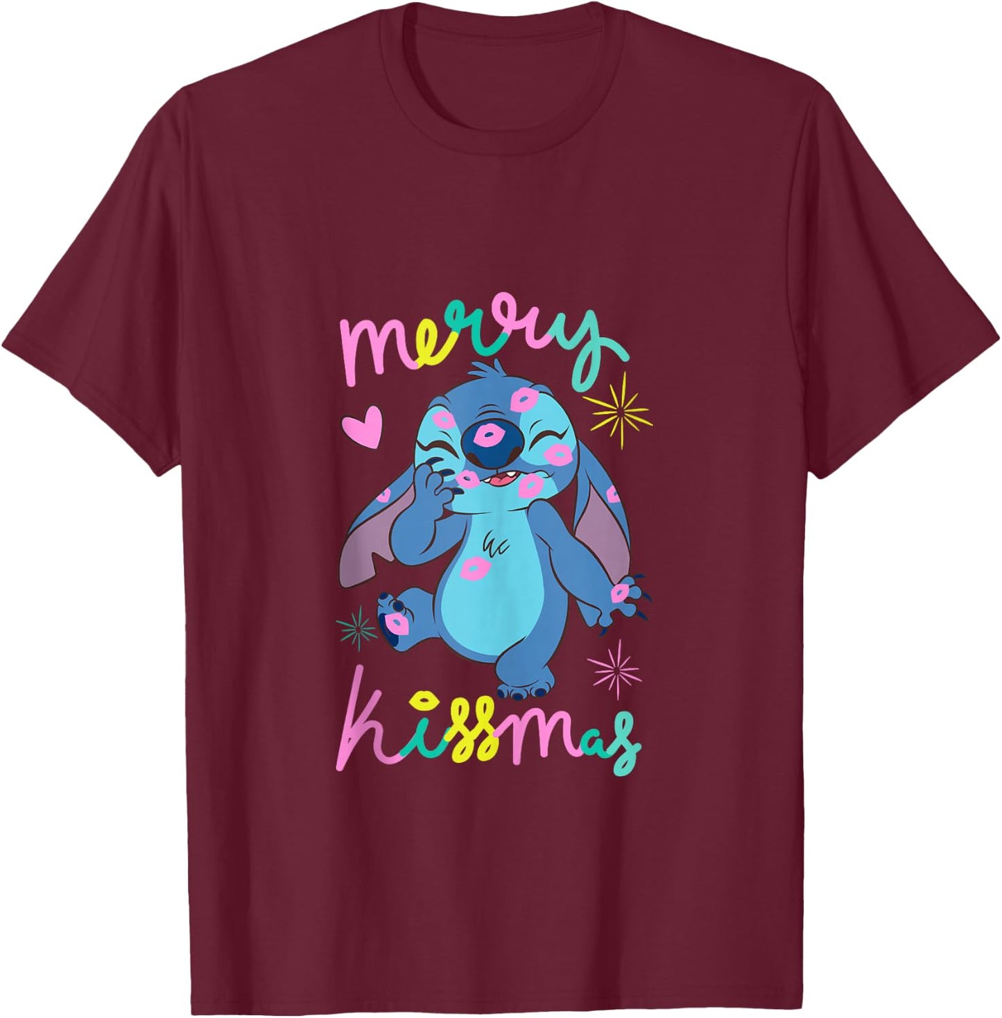Disney Lilo & Stitch Christmas Merry Kissmas Stitch Logo T-Shirt - T-Shirt | Maroon