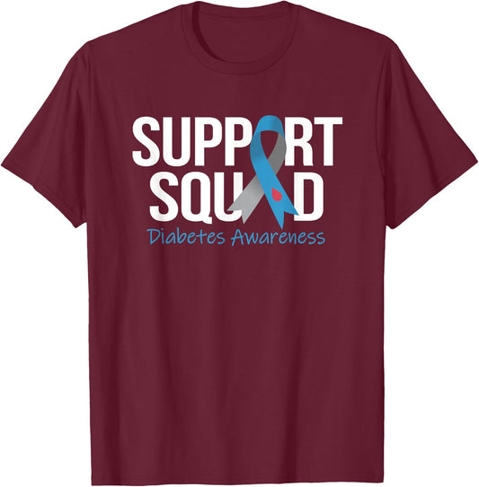 Support Squad Diabetes Awareness Month Blue Gray Ribbon T-Shirt - T-Shirt | Maroon